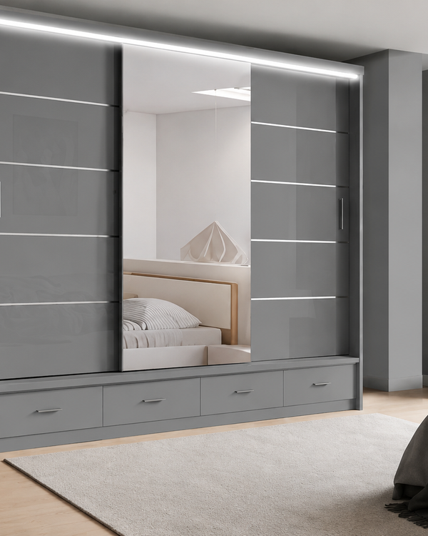 High Gloss Sliding Door Wardrobe Modern Bedroom Storage Solution 2 size With Gray