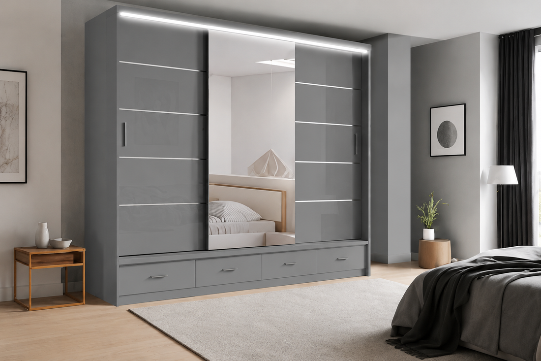 High Gloss Sliding Door Wardrobe Modern Bedroom Storage Solution 2 size With Gray