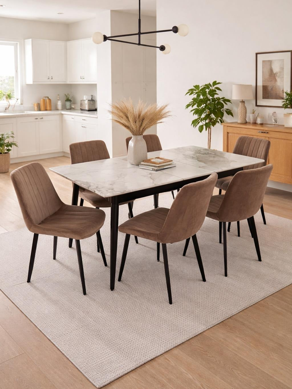 Modern High Gloss Extandable Ceramic Dining Table Set – Velvet Chairs, 4 & 6 Seater Grey Dining Set