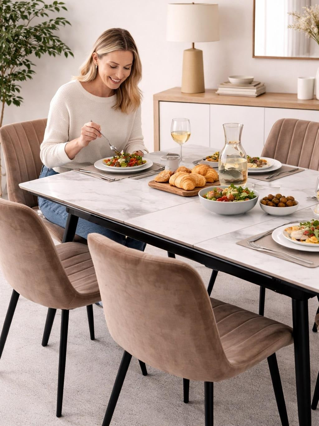 Modern High Gloss Extandable Ceramic Dining Table Set – Velvet Chairs, 4 & 6 Seater Grey Dining Set