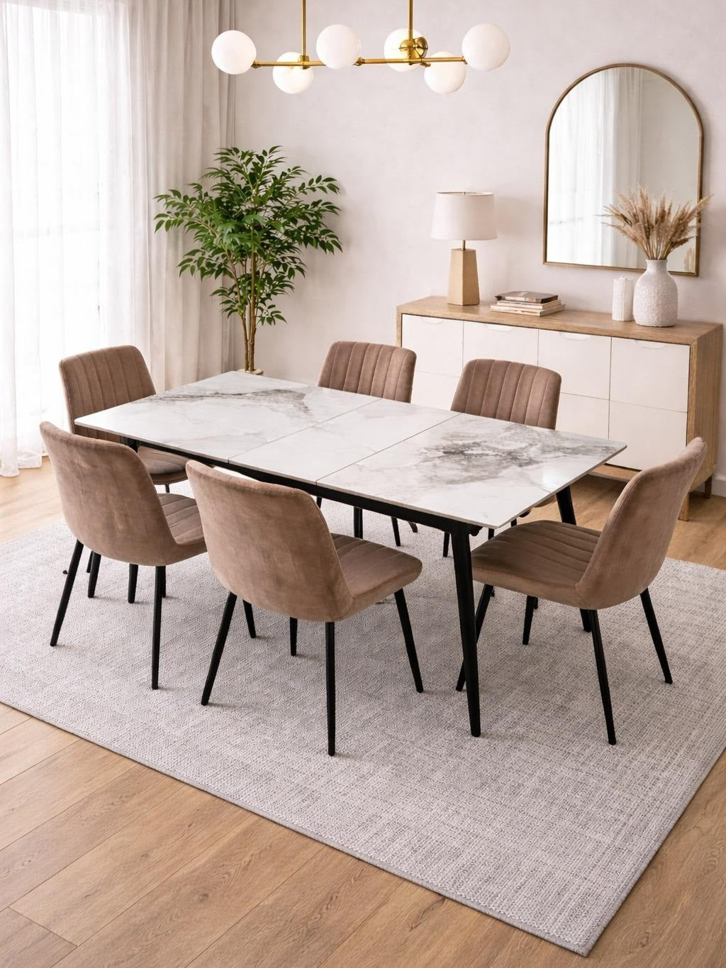 Modern High Gloss Extandable Ceramic Dining Table Set – Velvet Chairs, 4 & 6 Seater Grey Dining Set