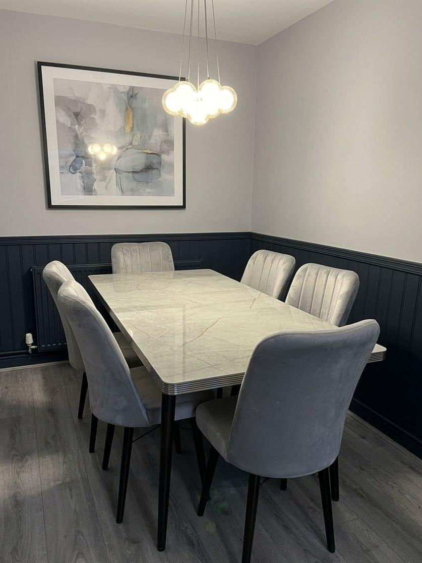 Extendable Marble Effect Dining Table Set with  4-6 Velvet Chairs