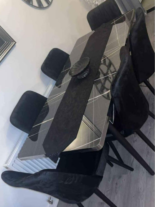 Extendable Marble Effect Dining Table Set with  4-6 Velvet Chairs