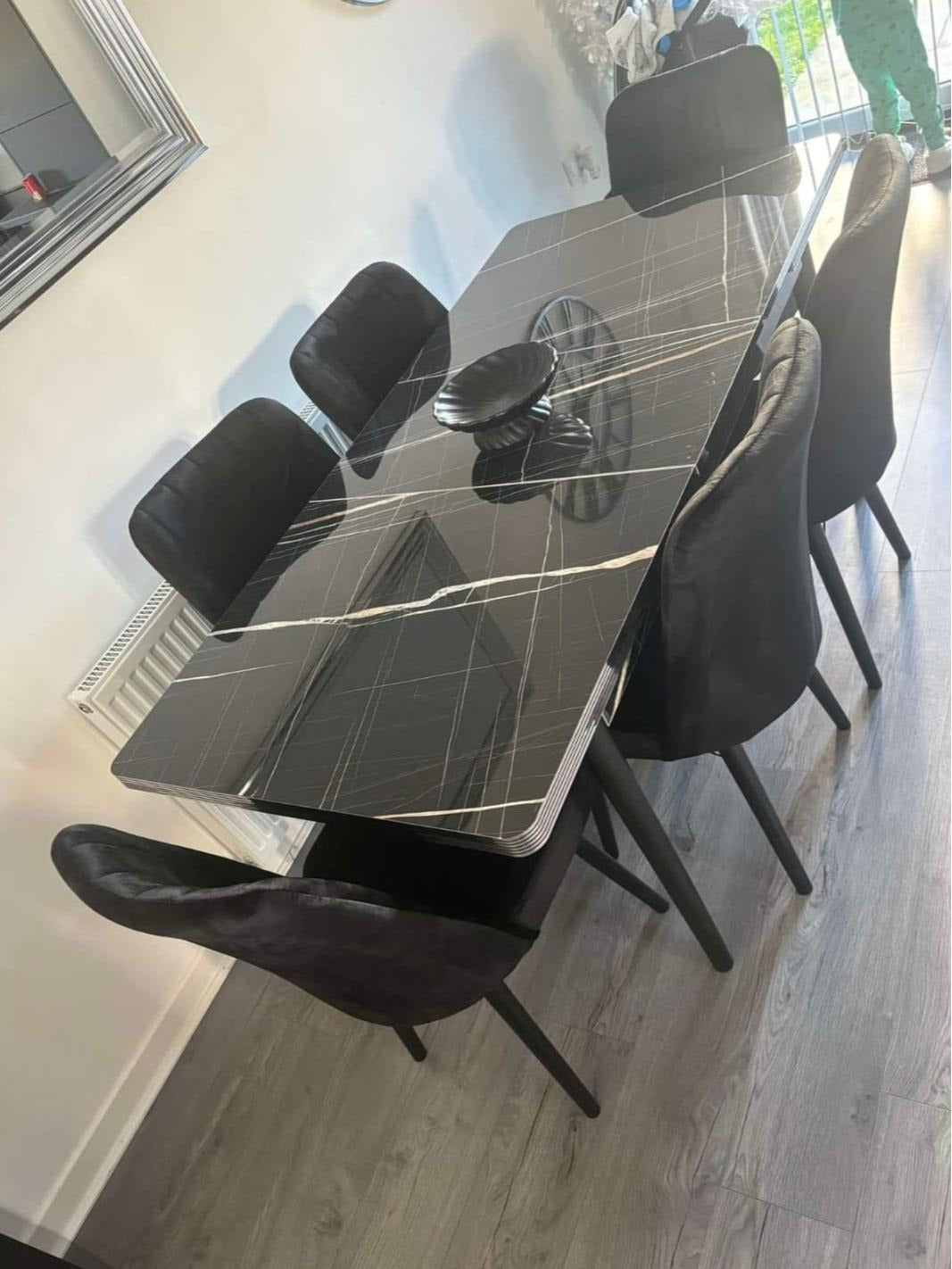 Extendable Marble Effect Dining Table Set with  4-6 Velvet Chairs