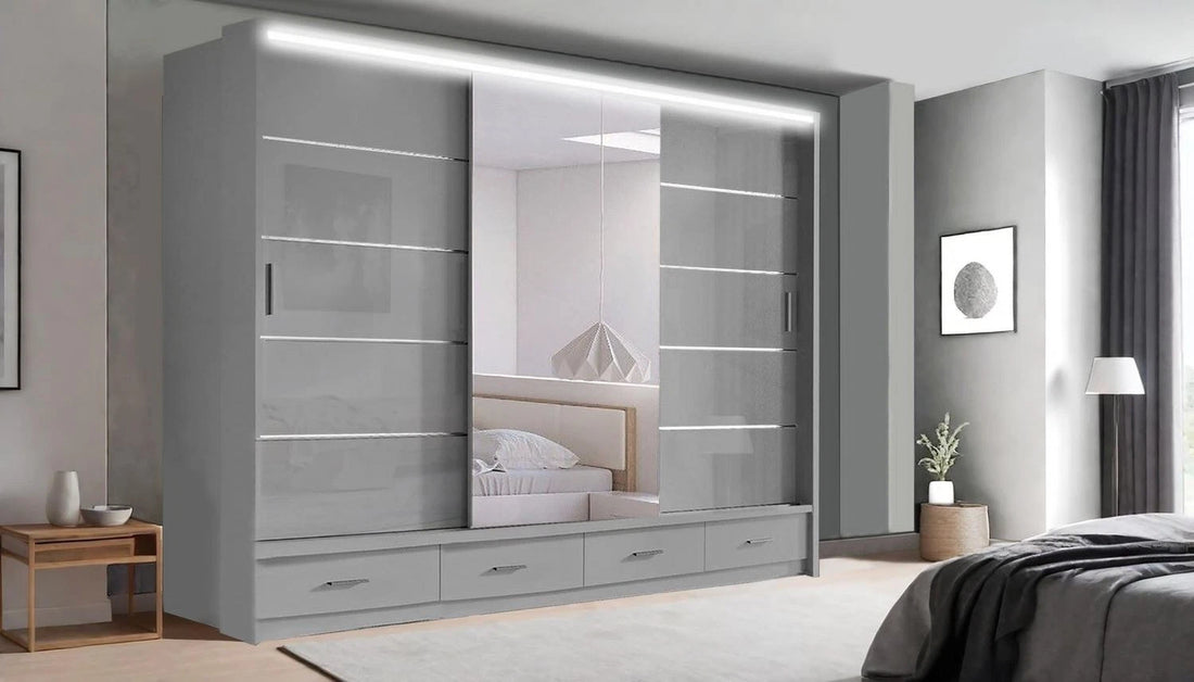 High Gloss Sliding Door Wardrobe Modern Bedroom Storage Solution 2 size With Gray