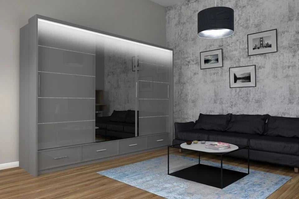High Gloss Sliding Door Wardrobe Modern Bedroom Storage Solution 2 size With Gray