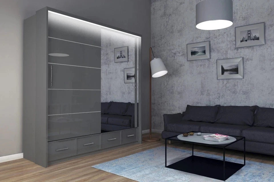 High Gloss Sliding Door Wardrobe Modern Bedroom Storage Solution 2 size With Gray
